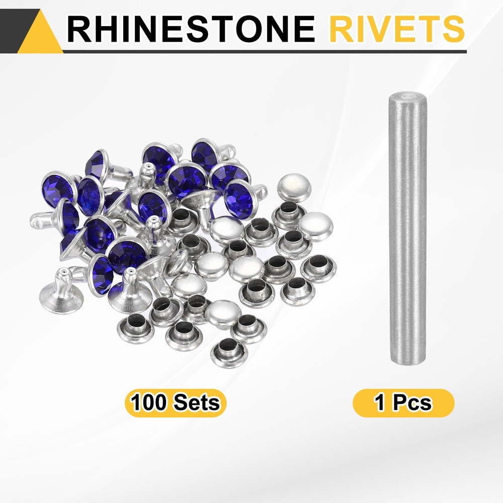 100pcs Crystal Rivets 7mm Rhinestone Stud with Installation Tool, Silver Blue