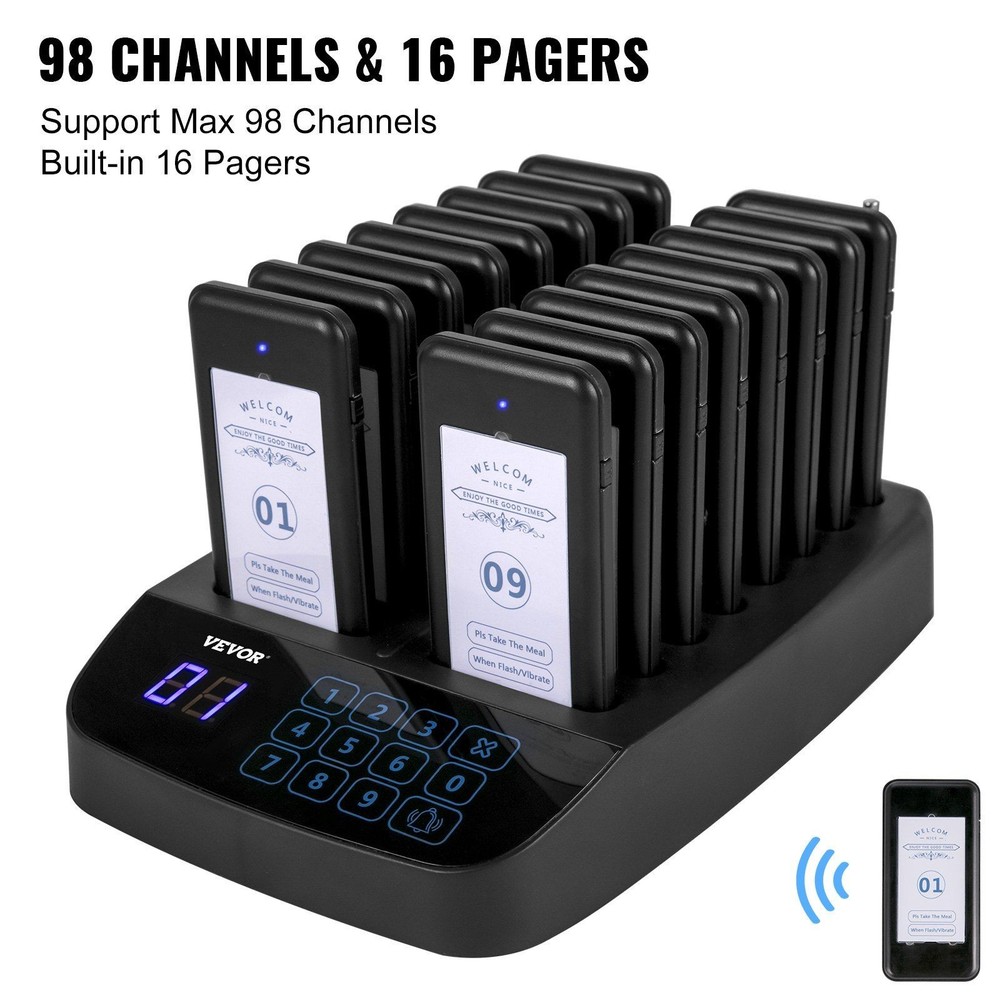 Portable Wireless Call System 16 Pagers 98 Beepers Touch Key Vibration Flash