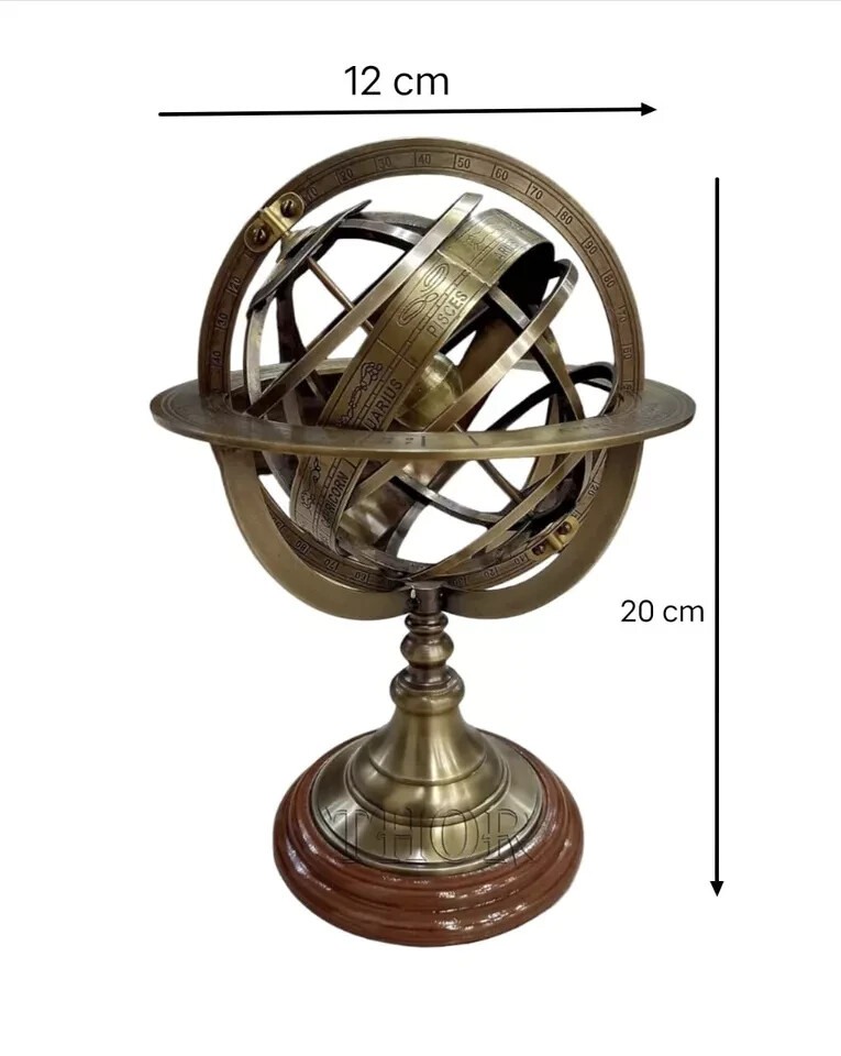 Engraved Brass Tabletop Armillary Nautical Sphere World Globe With Base Table.