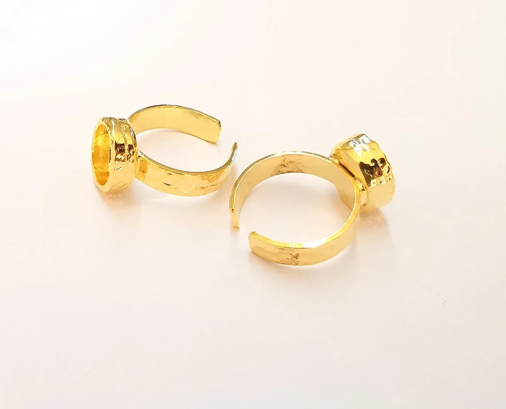 Gold Ring Blank Setting Cabochon Base Ring Hammered Mounting Adjustable Ring