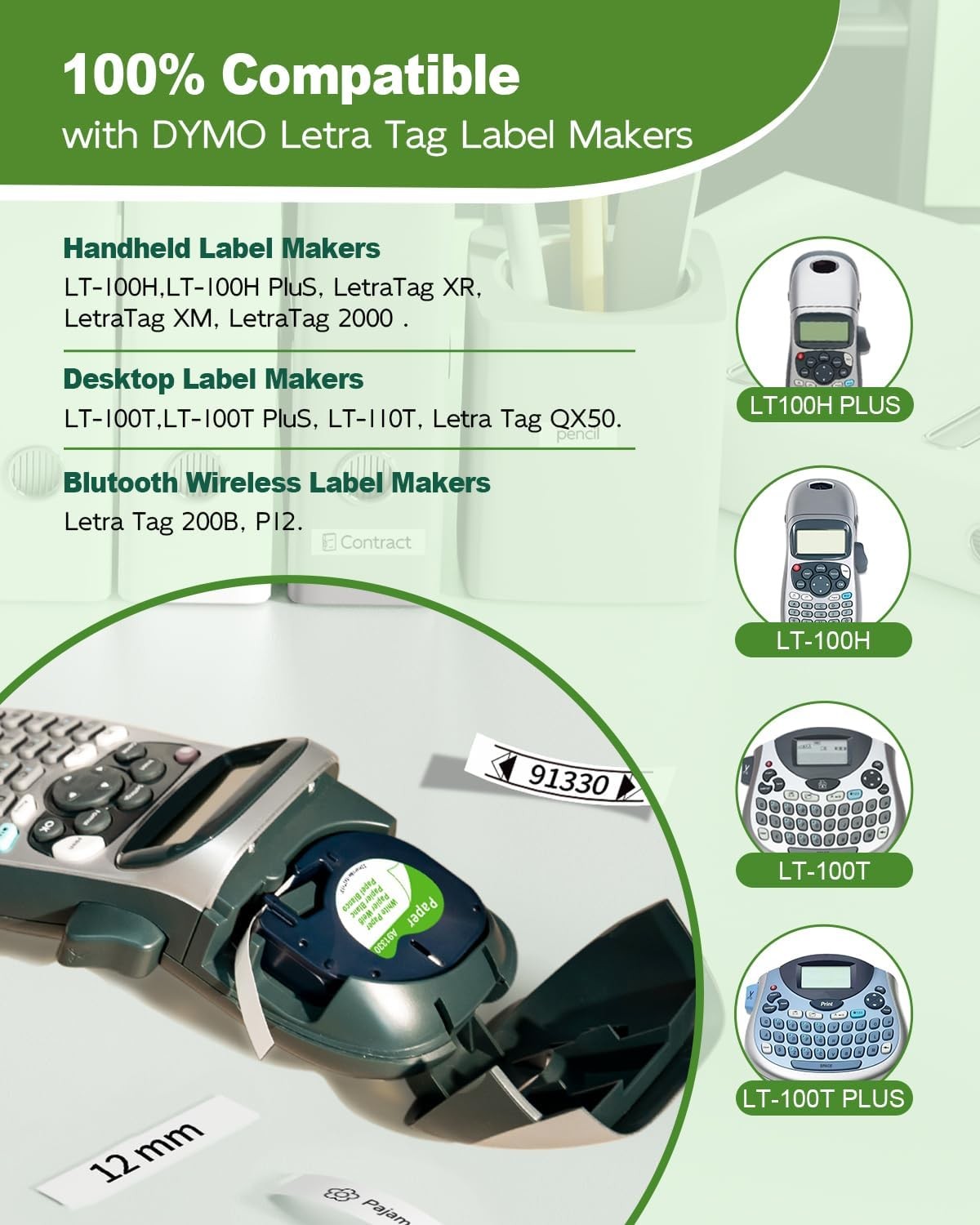 5 Pack Replace DYMO LetraTag Refills 91330 10697 White Paper Label Tape 12mm 4m