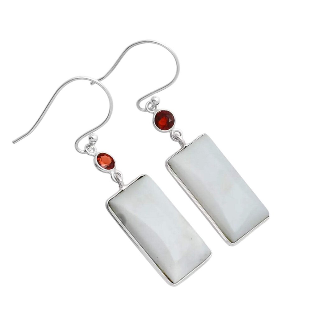 White Opal & Garnet Solid 925 Sterling Silver Earrings
