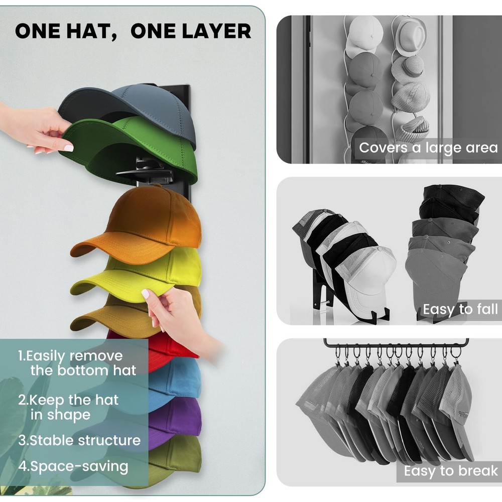 2Pack Hat Organizer for Baseball Cap with Locking Tech, Hat Rack Strong Adhes...