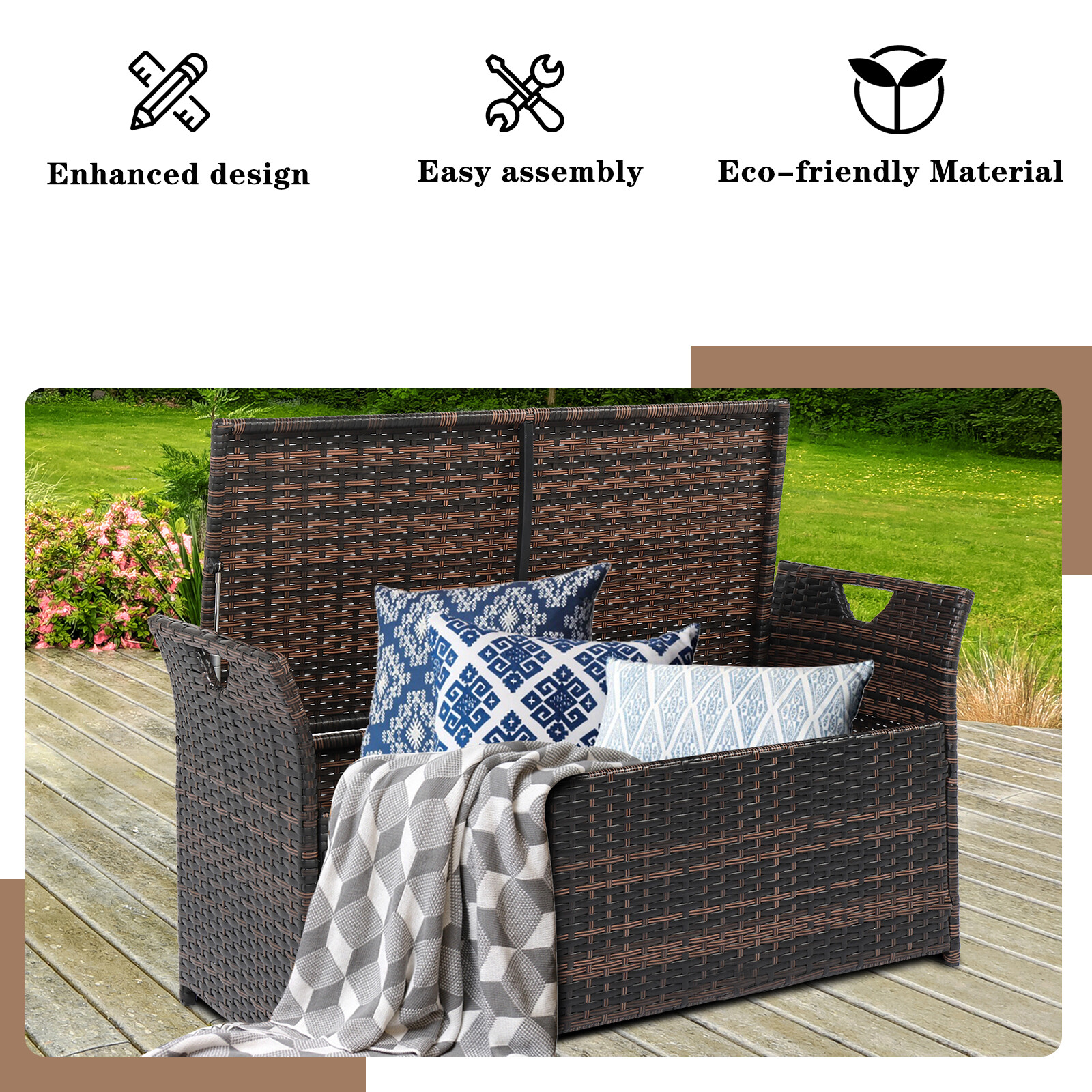 Outdoor Storage Bench Rattan Storage Box Patio Wicker Deck Box with Seat Cushion