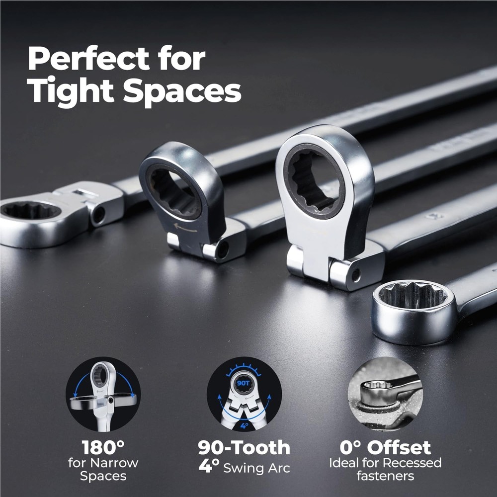 toolant 10mm Extra Long Ratcheting Wrench, Flex Head & Fixed Offset Head Dou...