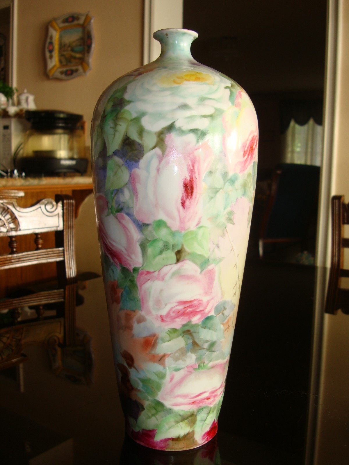 ANTIQUE HOHENZOLLERN GERMANY LARGE 14" HAND PAINTED PORCELAIN VASE, PINK ROSES