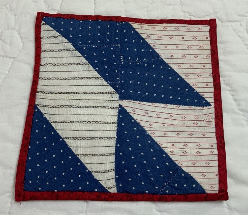 Vintage Antique Patchwork Quilt Table Topper, Triangles, Blue, White