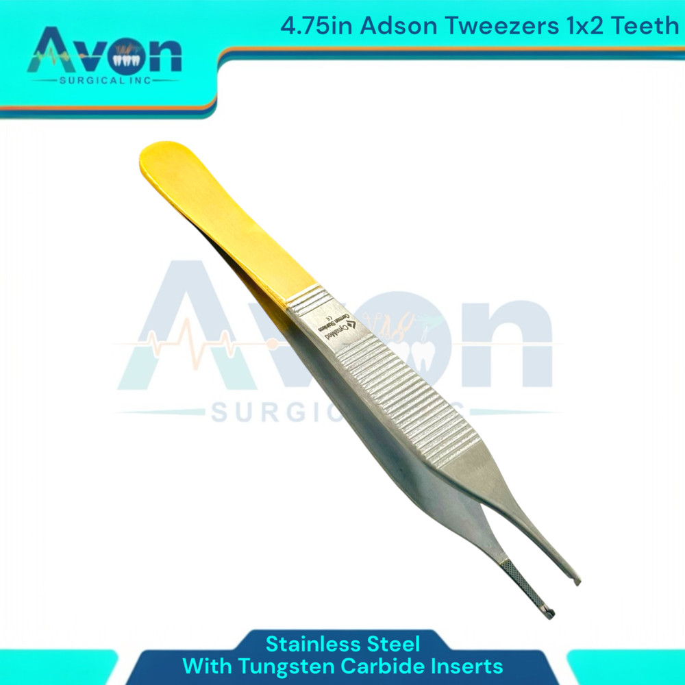 5pc - Adson Forceps with Tungsten Carbide Inserts, 1x2 Teeth, Straight, Premium