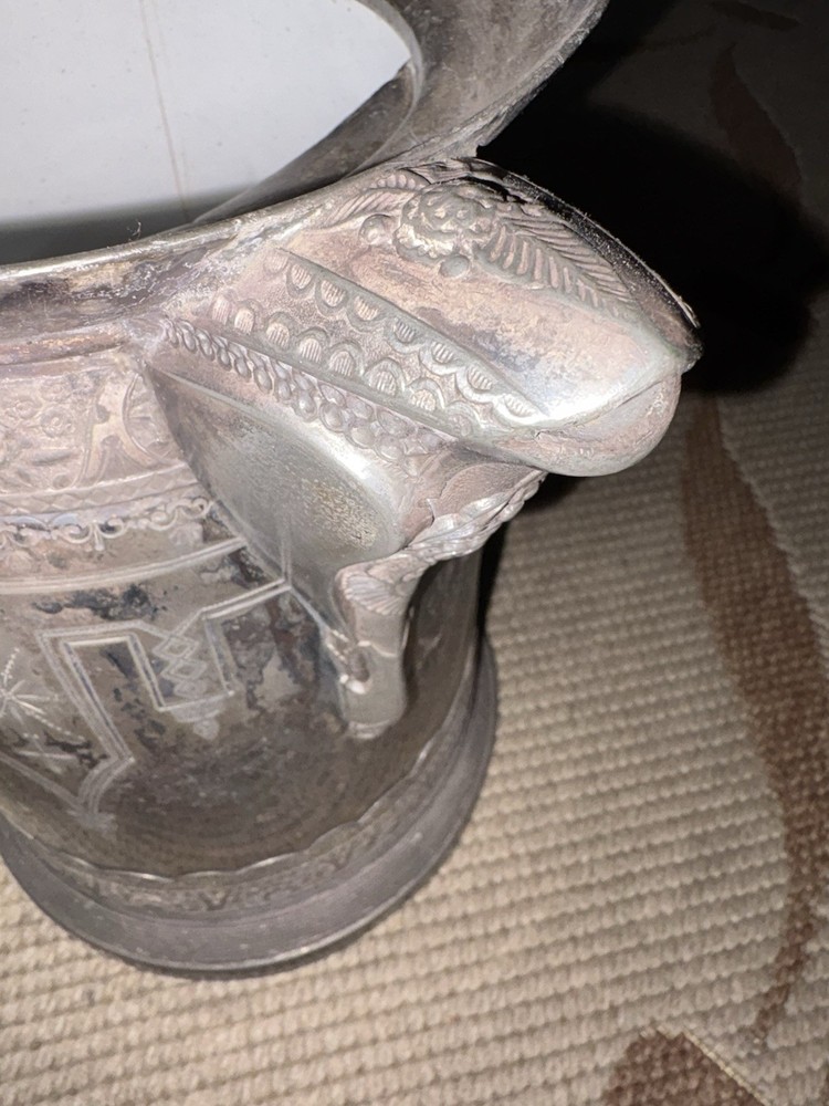 Victorian Silverplate Pitcher Ornate Floral Ceramic Lined Hinged Lid