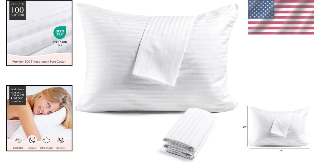 Breathable 600 Thread Count Cotton Pillow Protector Set - Standard Size, 4 Pack