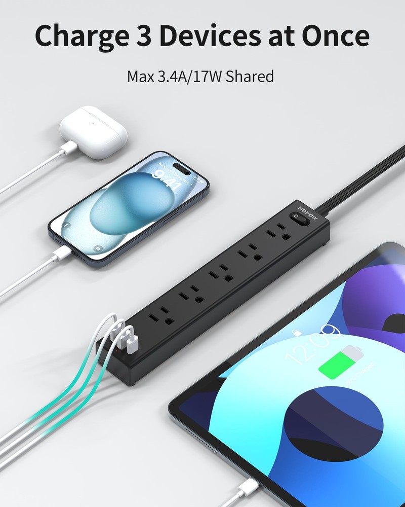 Flat Plug Power Strip, 6 Ft Ultra Thin Extension Cord, Surge Protector with 5...