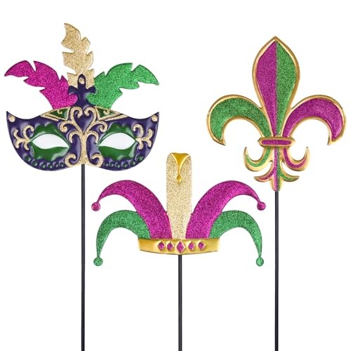 Mardi Gras Outdoor Decorations, Set of 3 Metal 36" Decorative Garden Stakes