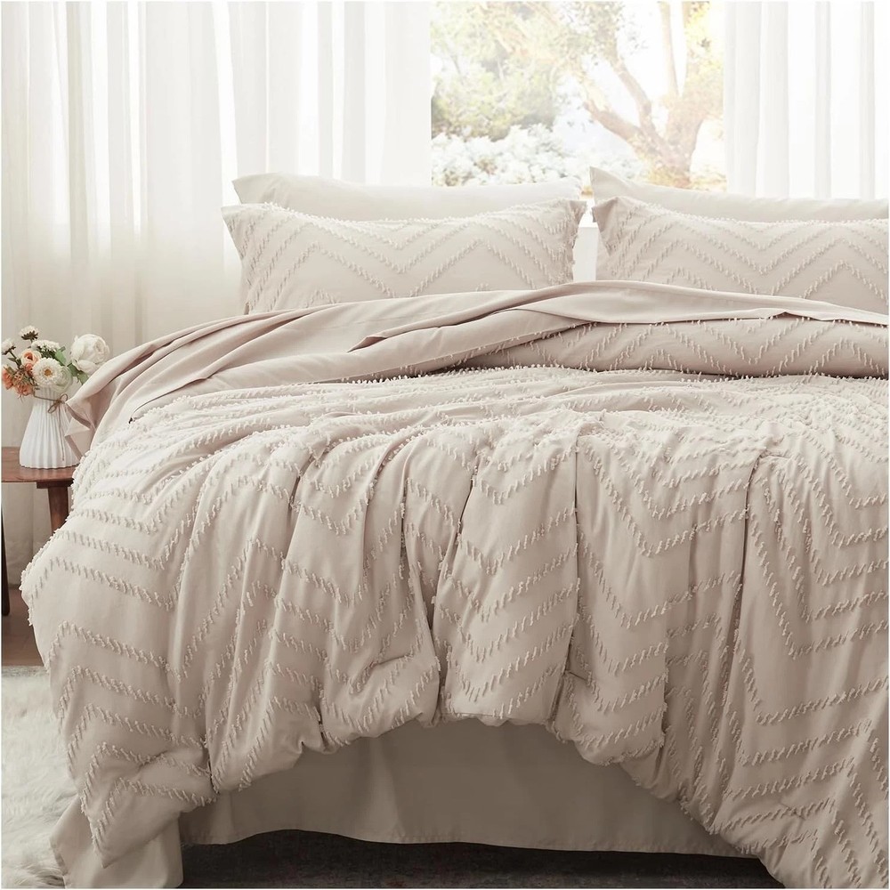 Elegant Khaki Full Bedding Set - 7-Piece with Machine Washable Comforter