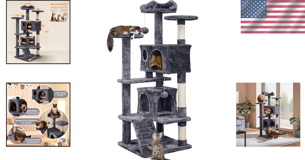 Durable 54in Cat Tree with Replaceable Balls and Spacious Hideaways for Felines