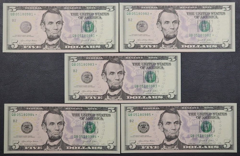 5x Sequential Uncirculated 2021 Five Dollar ($5) * STAR * Notes; B2 New York
