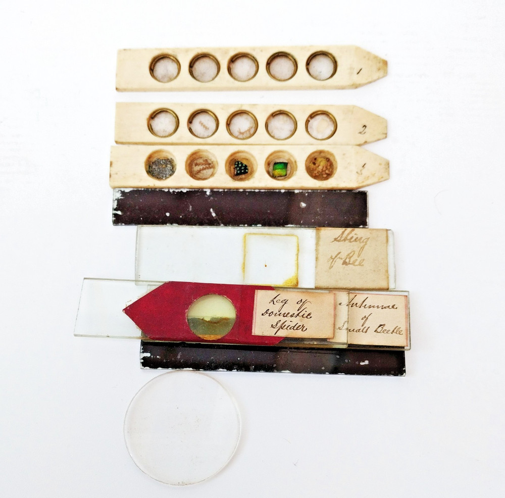 Brass microscope in case.