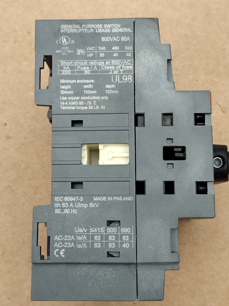 ABB OT60F3 DISCONNECT SWITCH 600VAC 60A 3PH
