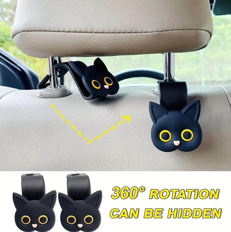 2pcs 3D Cartoon Cat Car Seat Headrest Hooks – Cute Vehicle Organizer for Bags