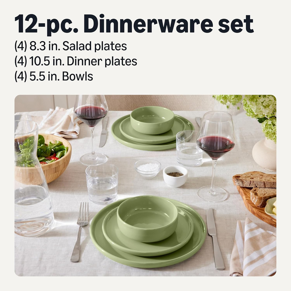Glazed Stoneware Dinnerware, 12-Piece Set, 4 Full Place Settings, Microwave and