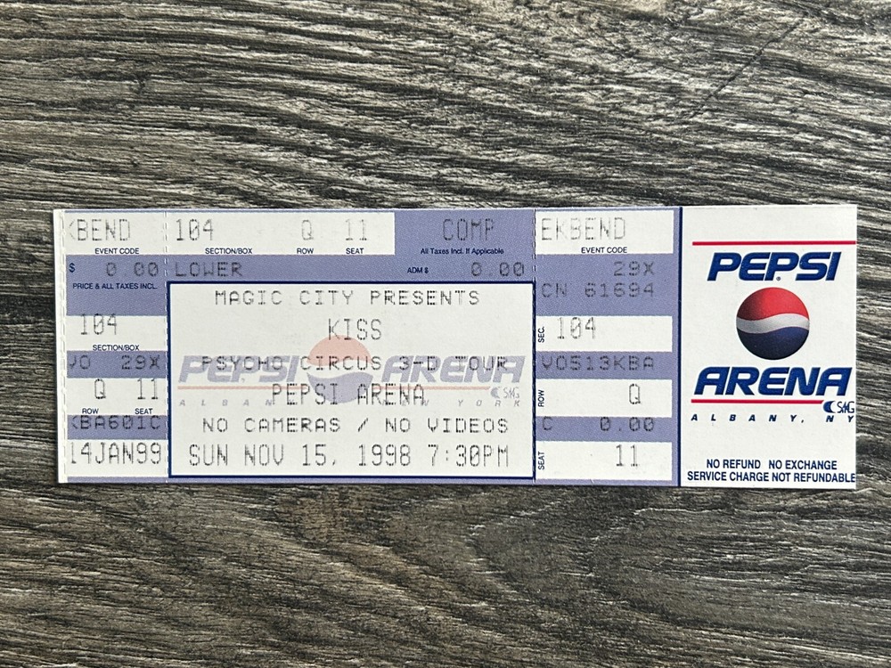 KISS Full Ticket Stub Psycho Circus Tour Nov 15 1998 Albany NY Vintage Kiss