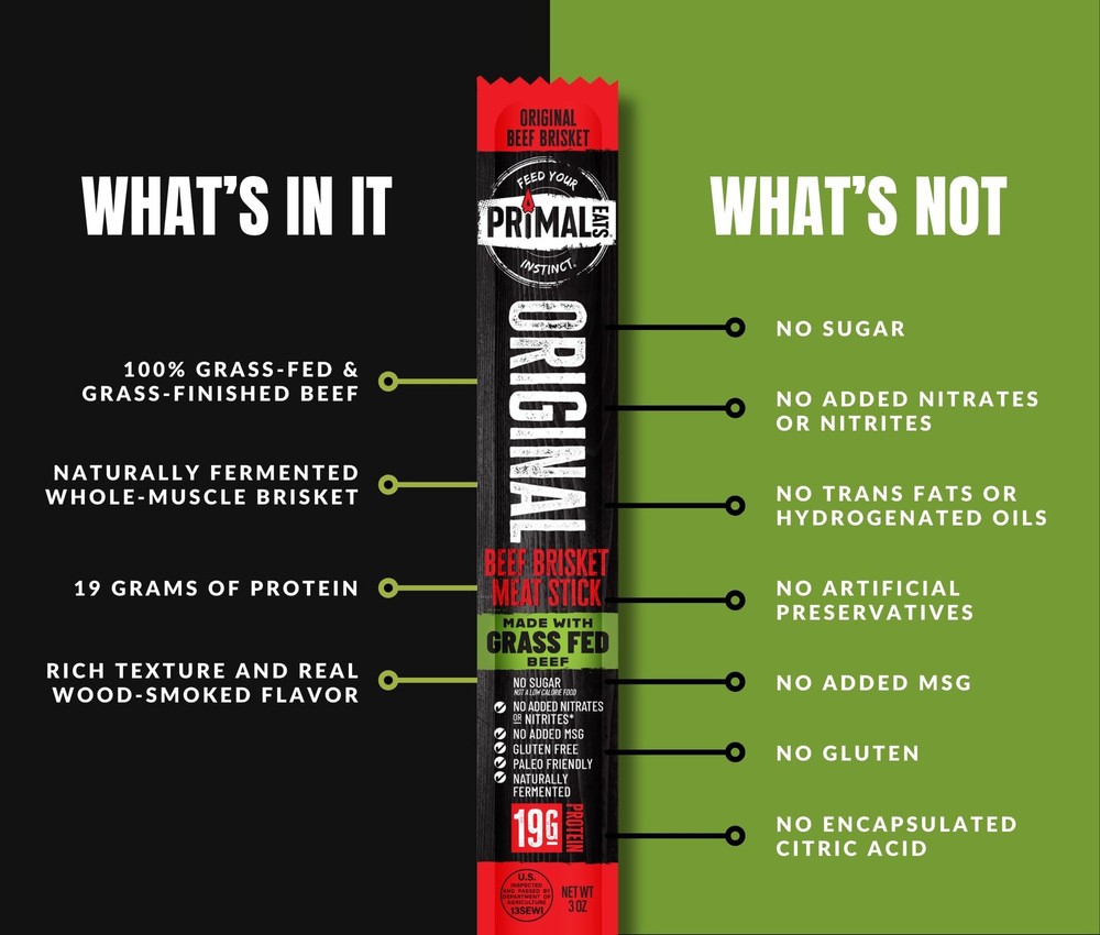 Primal Eats Sample Pack 100% Grass Fed Beef Brisket Meat Sticks, 3oz 10Pack ...