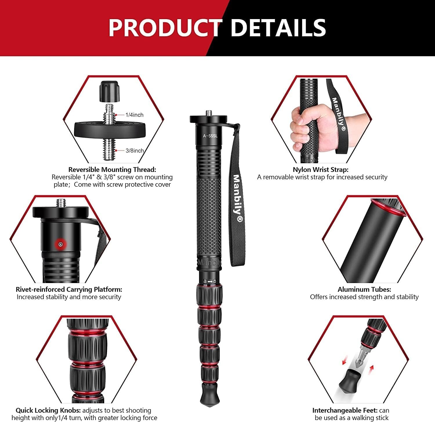 Manbily Camera Monopod Aluminum Portable Compact Lightweight Travel Monopod HOT