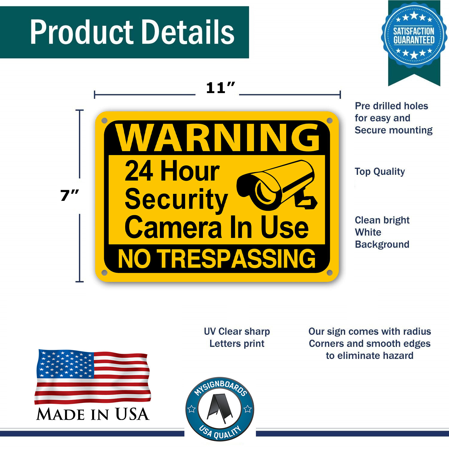 Yellow Warning 24 hour video surveillance No Trespassing Home Security cctv Sign