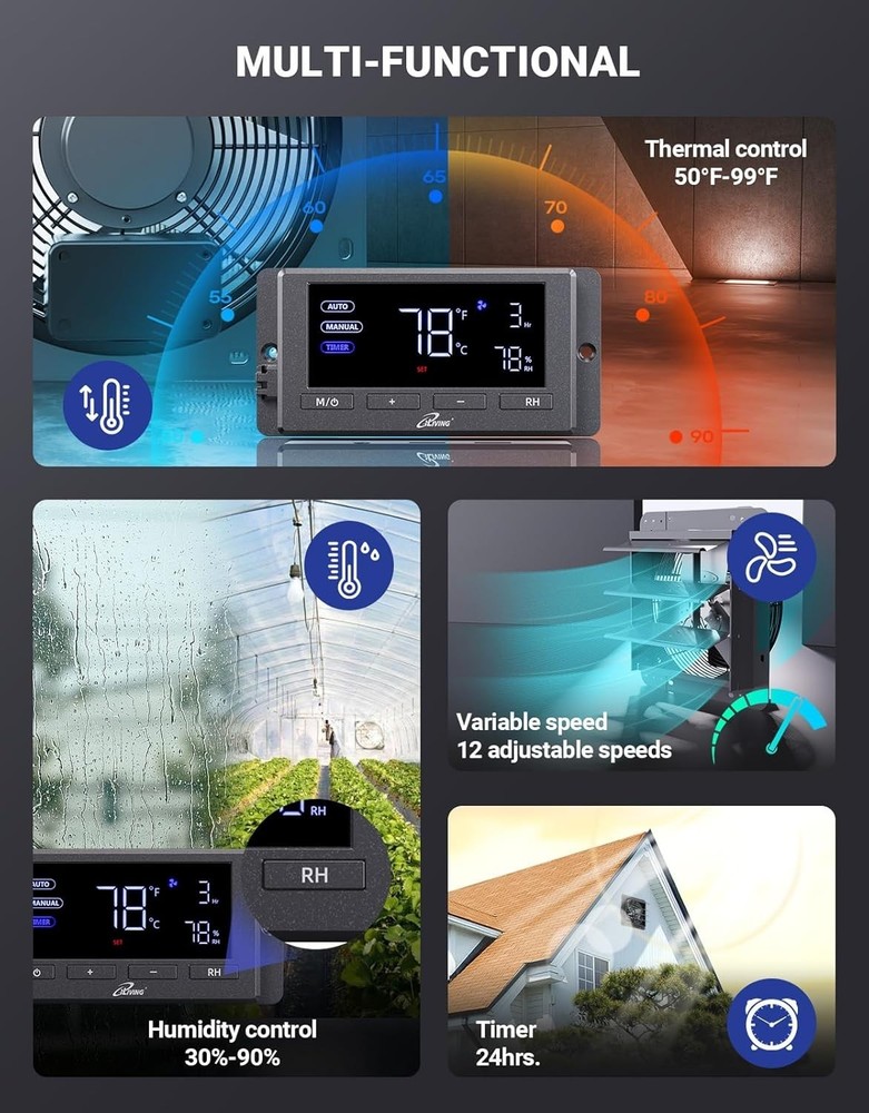 12-Inch Wall Mounted Shutter Exhaust Fan with Variable Speed & Timer Controls