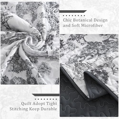 Botanical Quilt Set Size 3 Pieces Toile Floral Plants Printed Queen Black