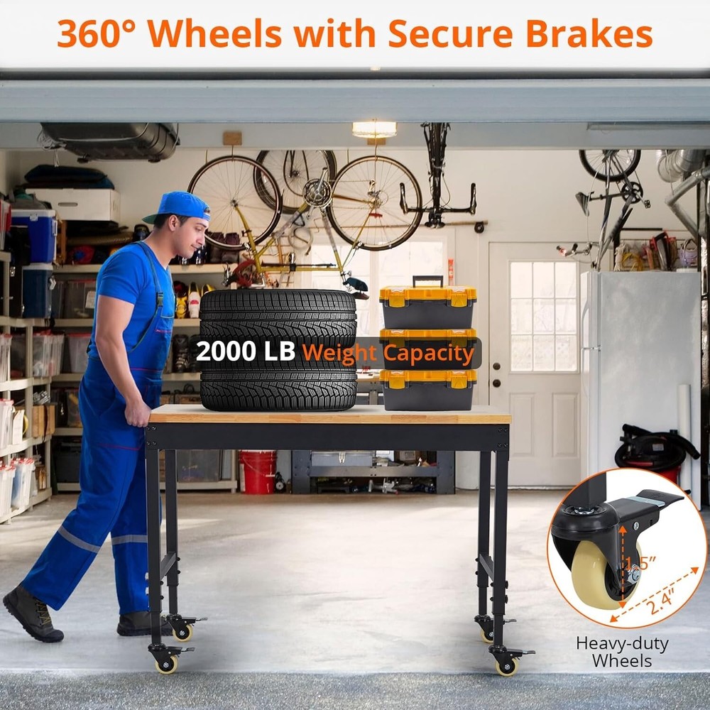 60"x22" Workbench Adjustable Height Workstation 2000LBS Load W/ Cable & Casters