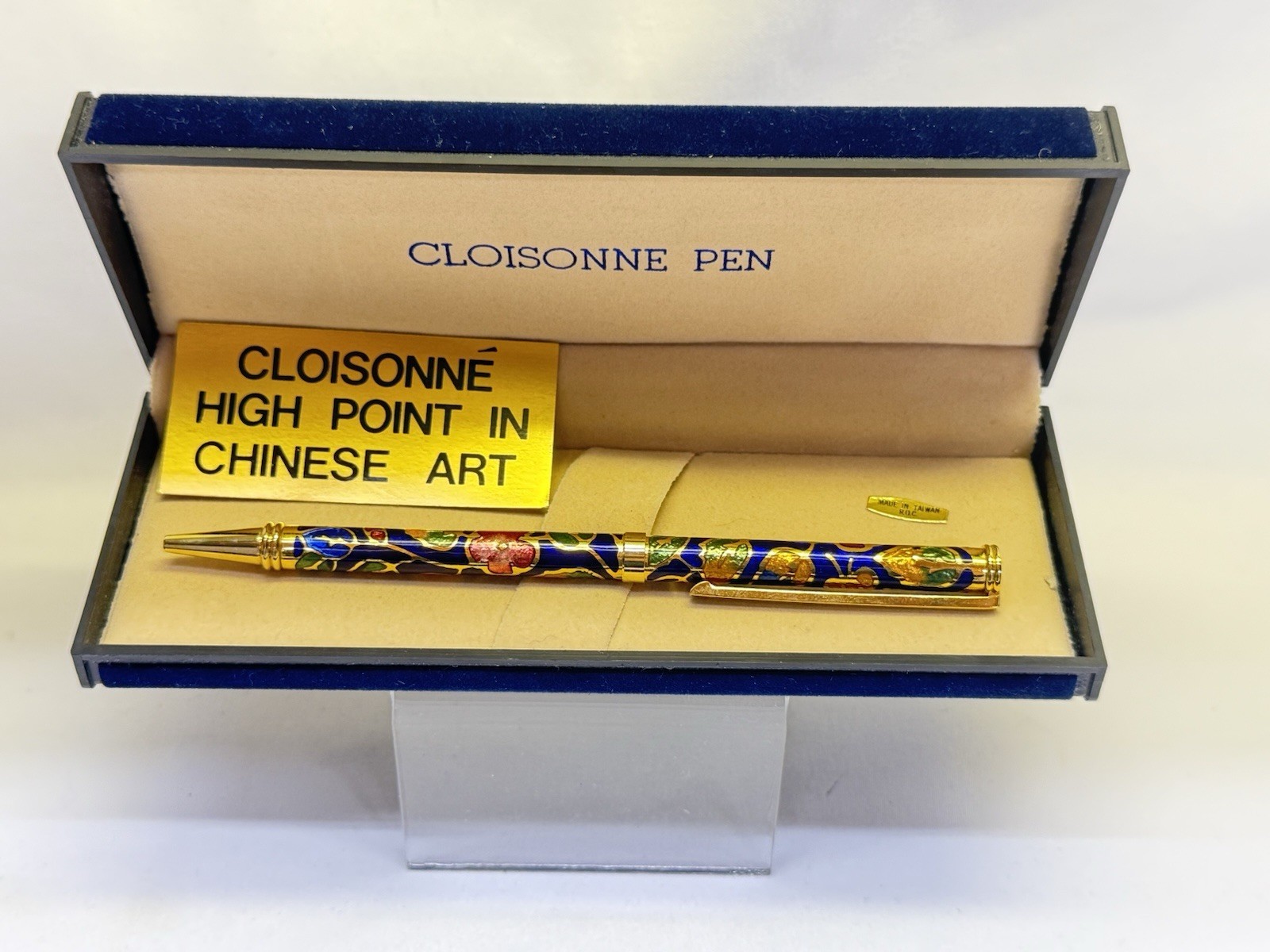Vtg 1980s Chinese Blue & Floral Cloisonné Art Ballpoint Pen With Box Black Ink