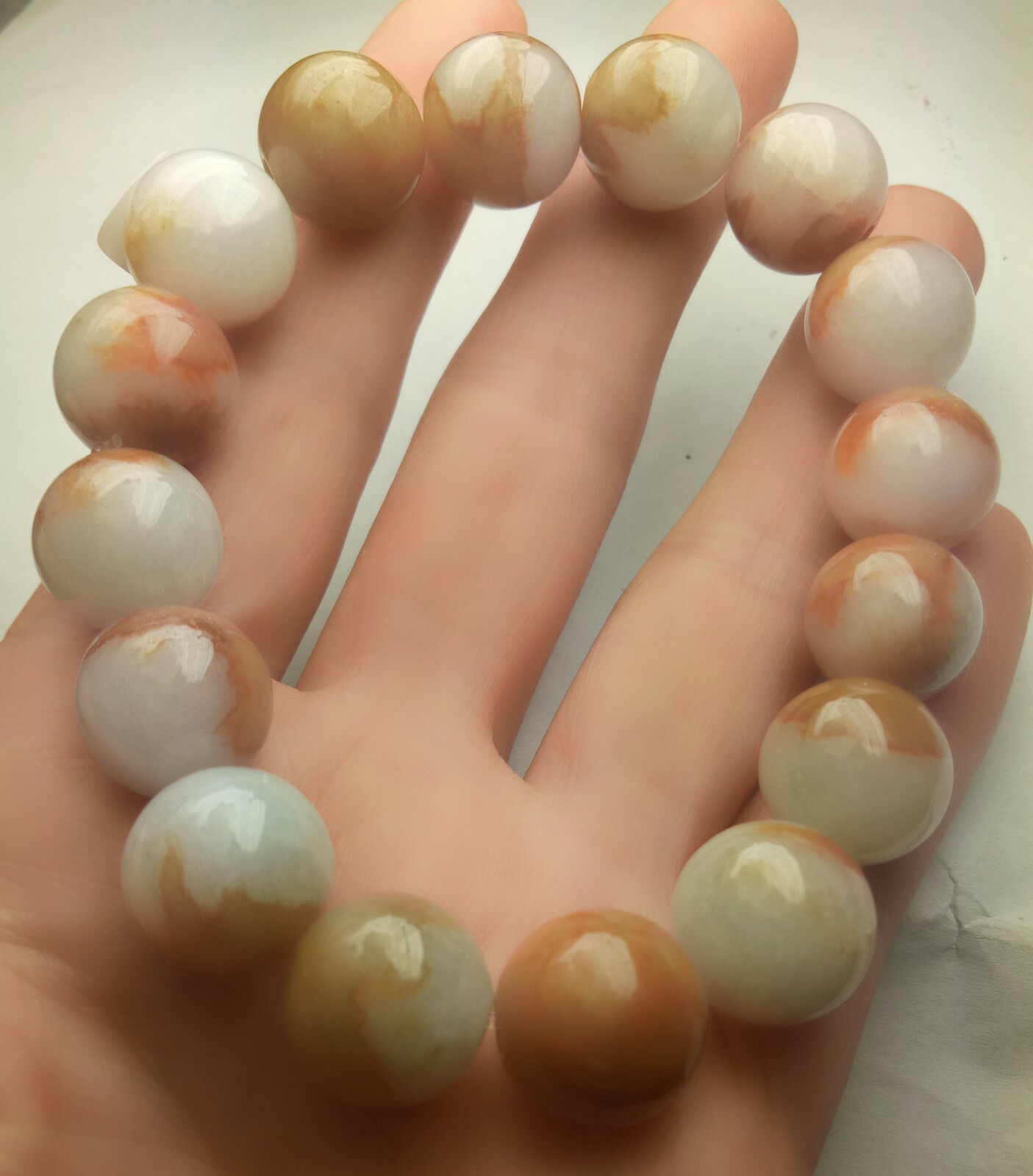 Certified Orange Brown White Natural A Jade Jadeite 12mm Bead Stretchy Bracelet