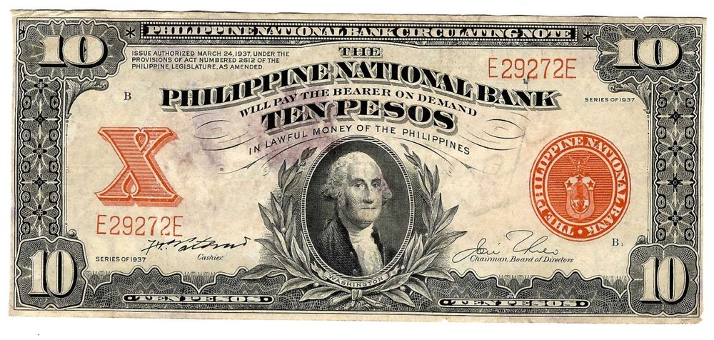 1937 Philippines National Bank Note 10 Peso