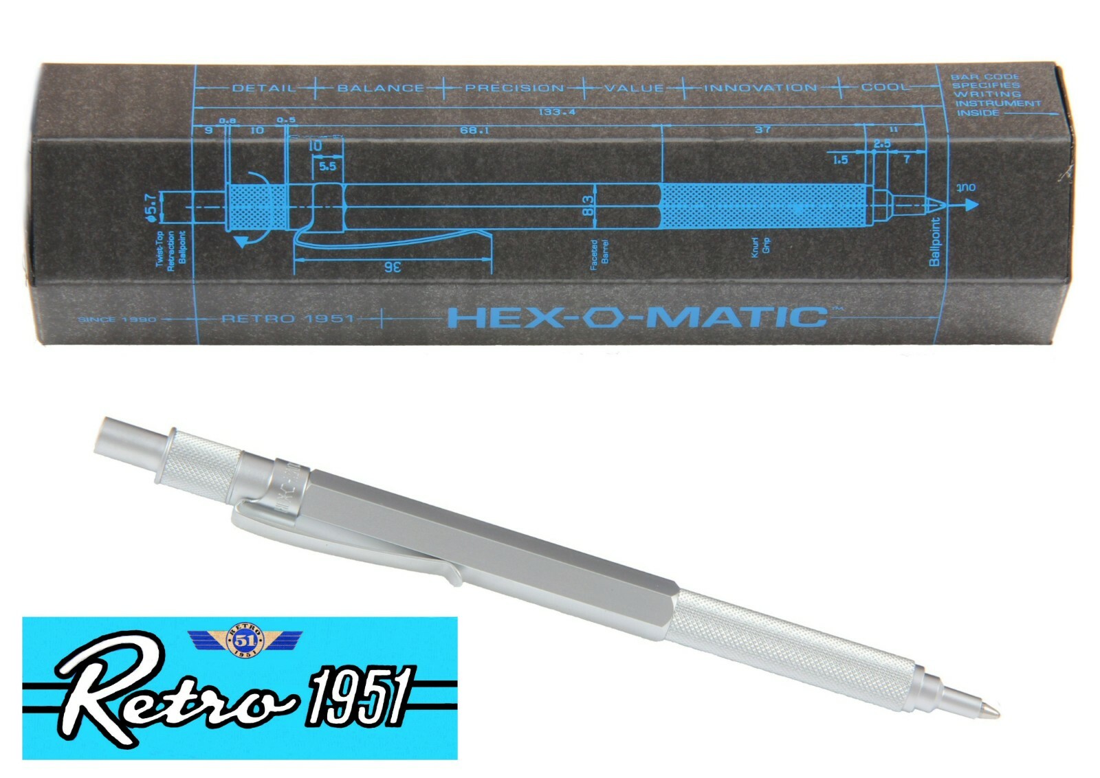Retro 51 / Hex-o-matic Series Silver Ballpoint Pen #HEX-615BP