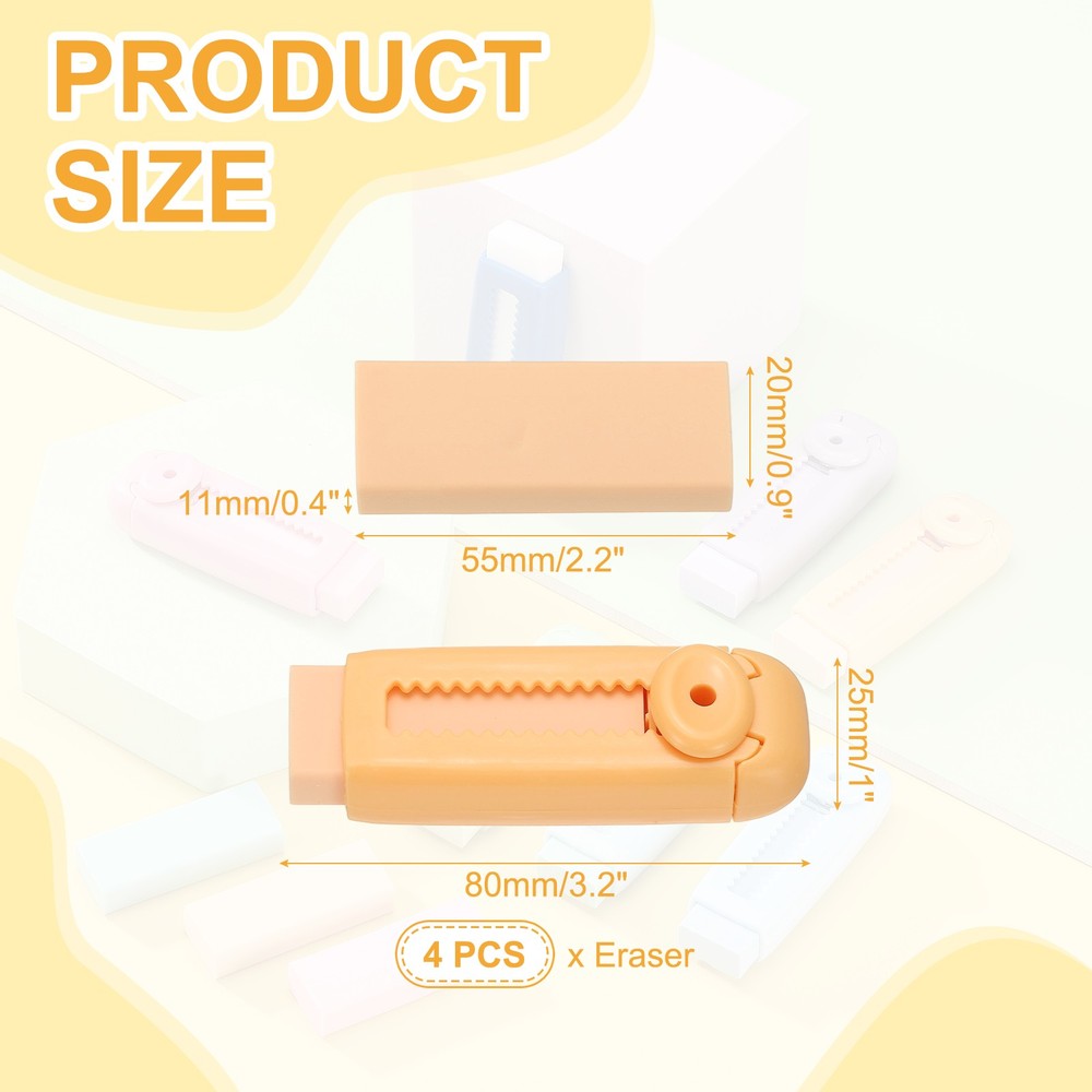 4 Pack Erasers, Pencil Erasers Large Eraser Push Pull Cute Soft, Orange