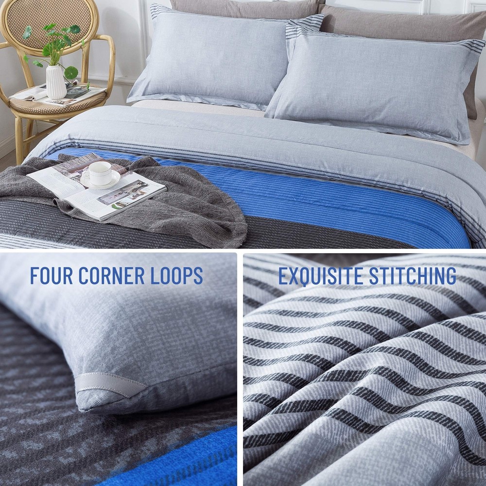 Andency Stripe Blue Comforter Set King Size, 3 Pieces Gray and Blue Patchwork...