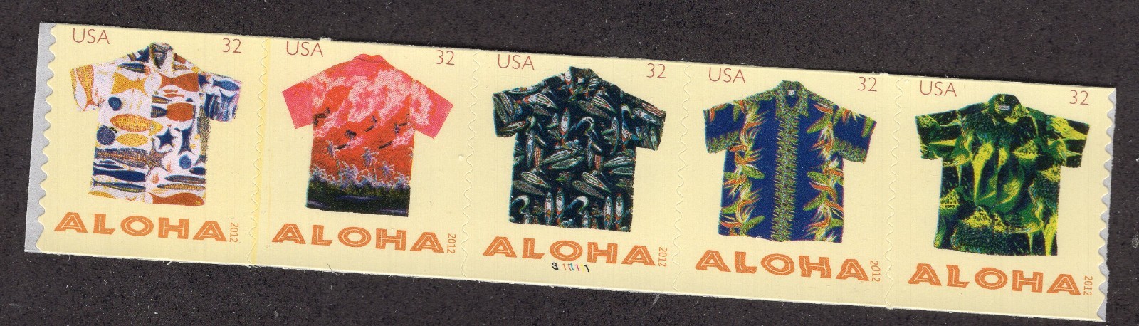 2012 32 cent Aloha Shirts Plate Coil Strip of 5, Scott #4597-4601, Mint NH