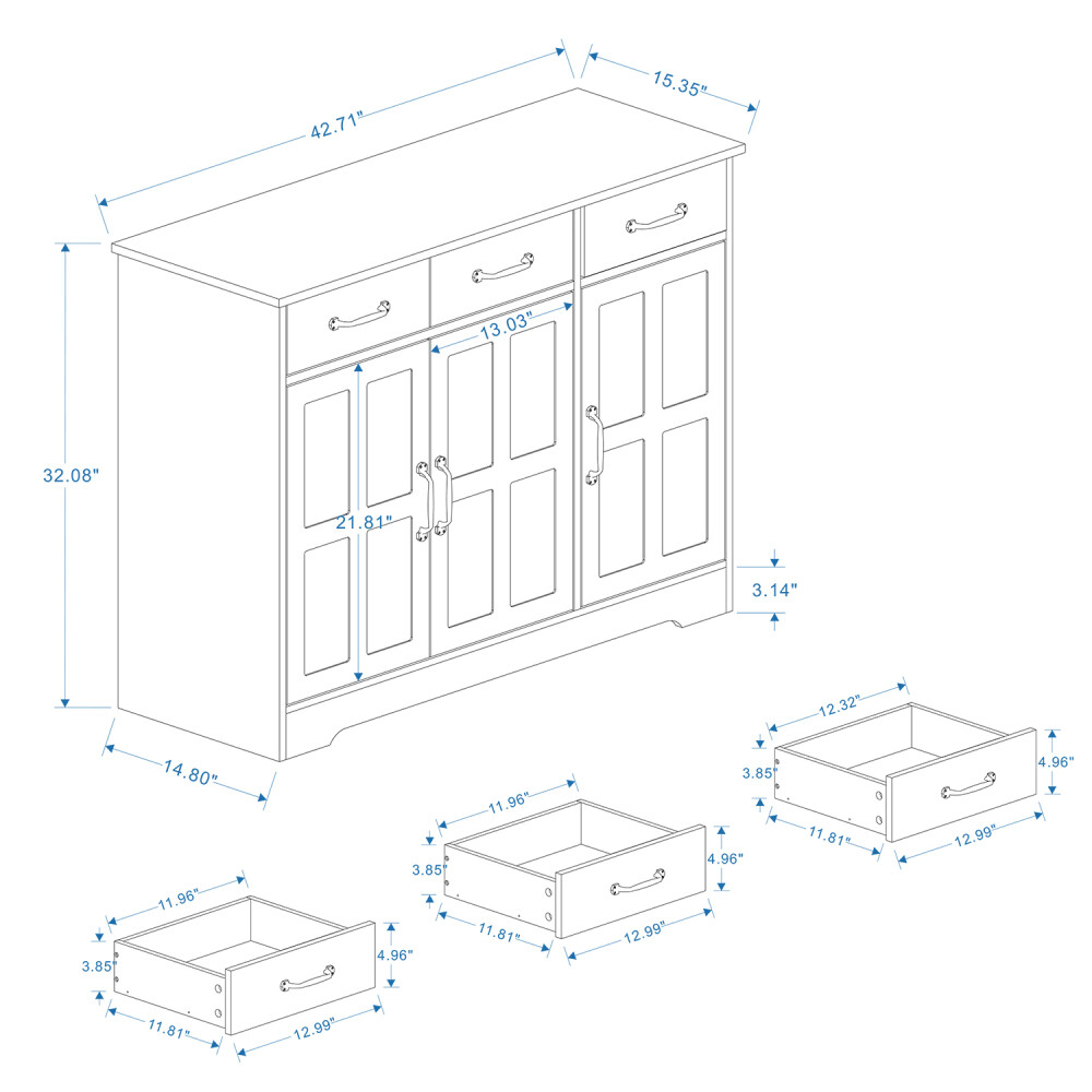 Simple Design Buffet Cabinet Storage Sideboard with 3 Drawers&3 Doors White