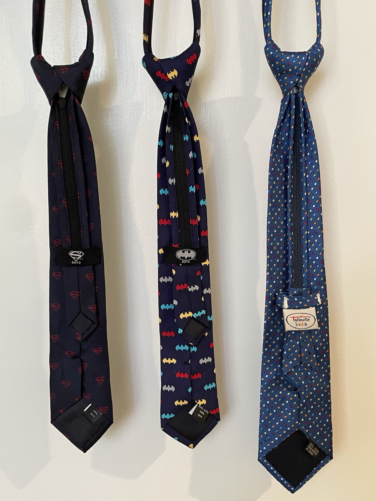 Lot (3) Boy’s 100% Silk Ties DC Batman, DC Superman, Talbots Tie Zipper Pre-tied