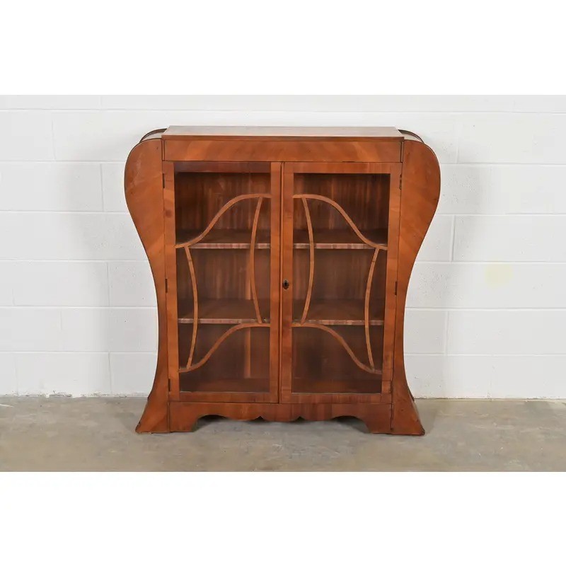 Antique Art Deco Carved Walnut Bookcase or Display Cabinet, Circa 1920s