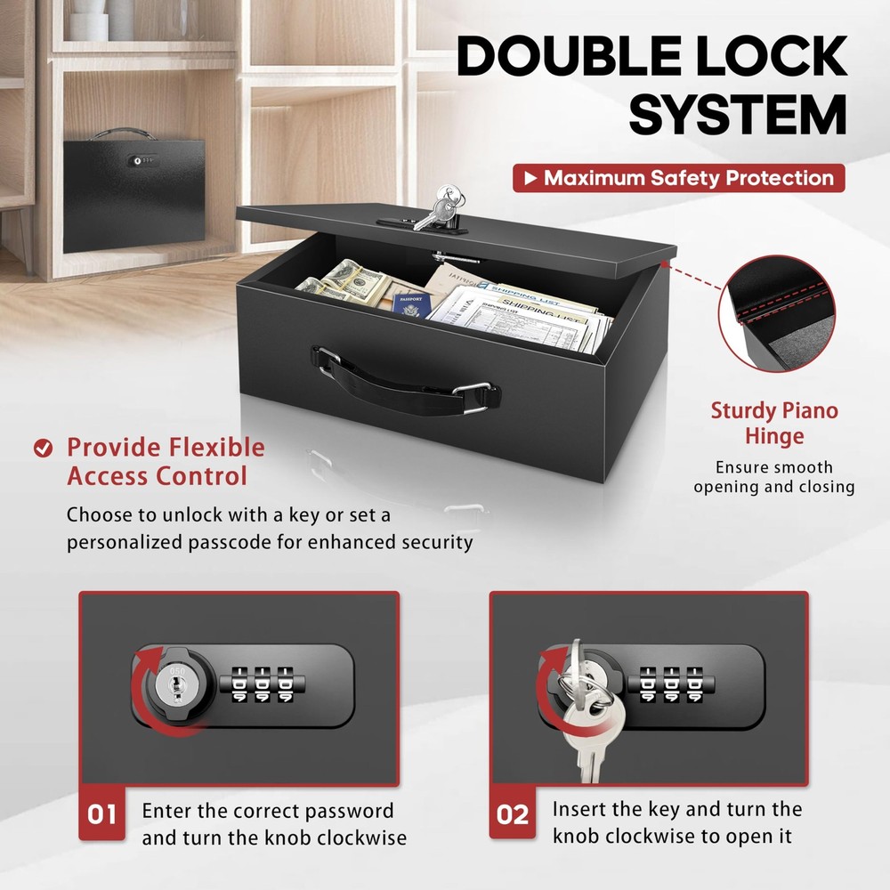 Fireproof Lock Box with Key and Combination Lock, Fire Safe Document Box, Por...