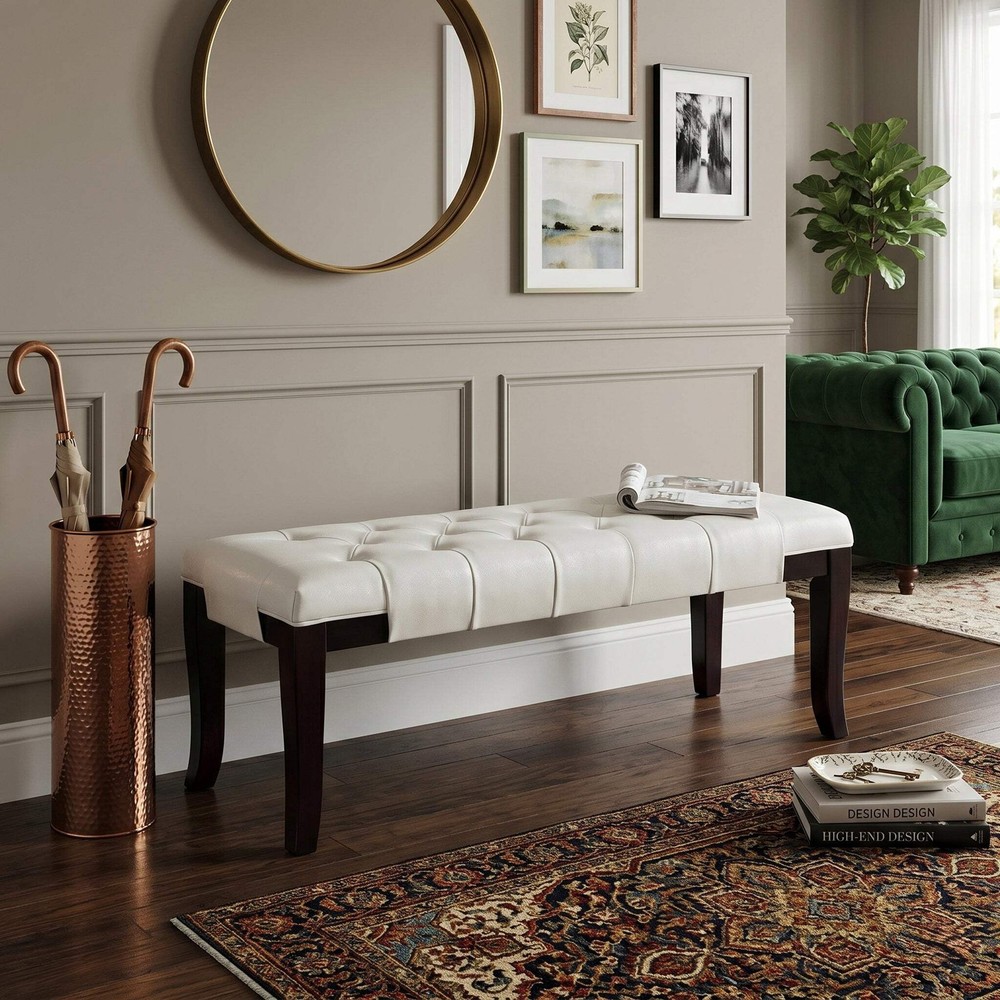 Linon White Leather Tufted Ottoman Bench