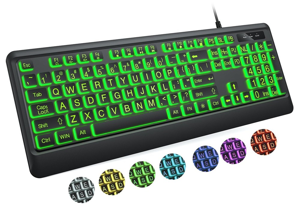Large Print Keyboard - 7 Interchangeable Backlight Colors, Light Up USB Wired...