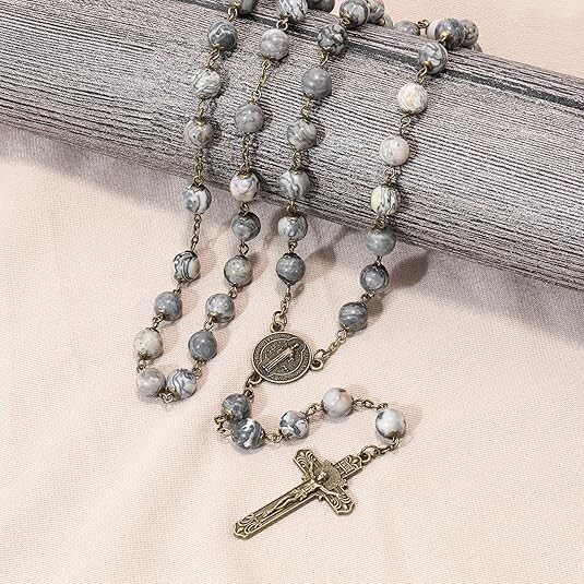 Natural Map Stone Rosary Beads Necklace St. Benedict Cross and Medal