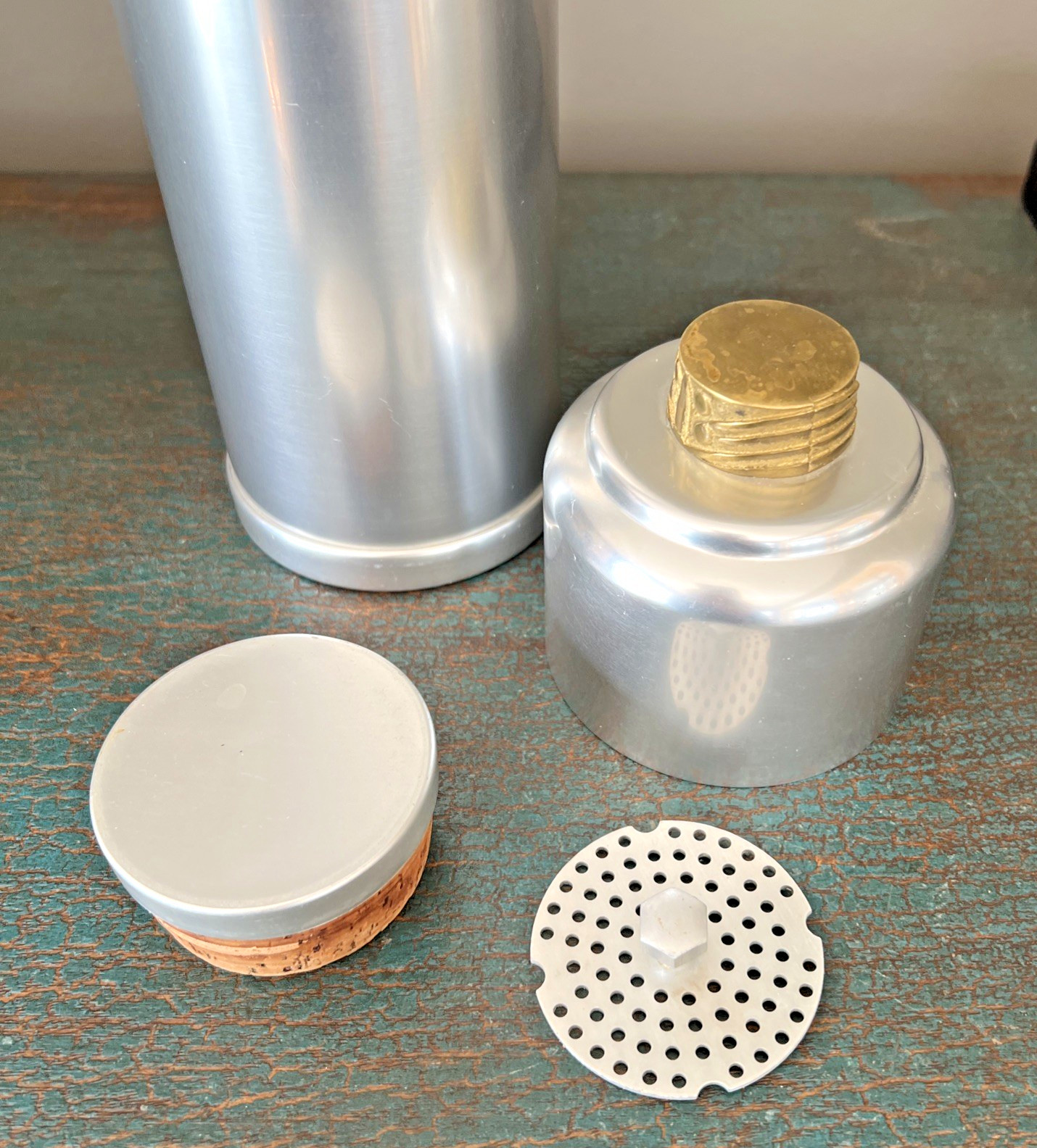 VTG. 1930's ART DECO KENSINGTON ALUMINUM BRASS COCKTAIL SHAKER by LURELL GUILD