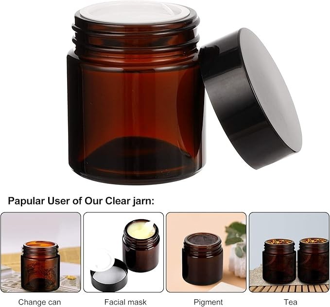 24 Pack 2oz Amber Glass Jars with Black Lids, Round Empty Containers for Scrubs