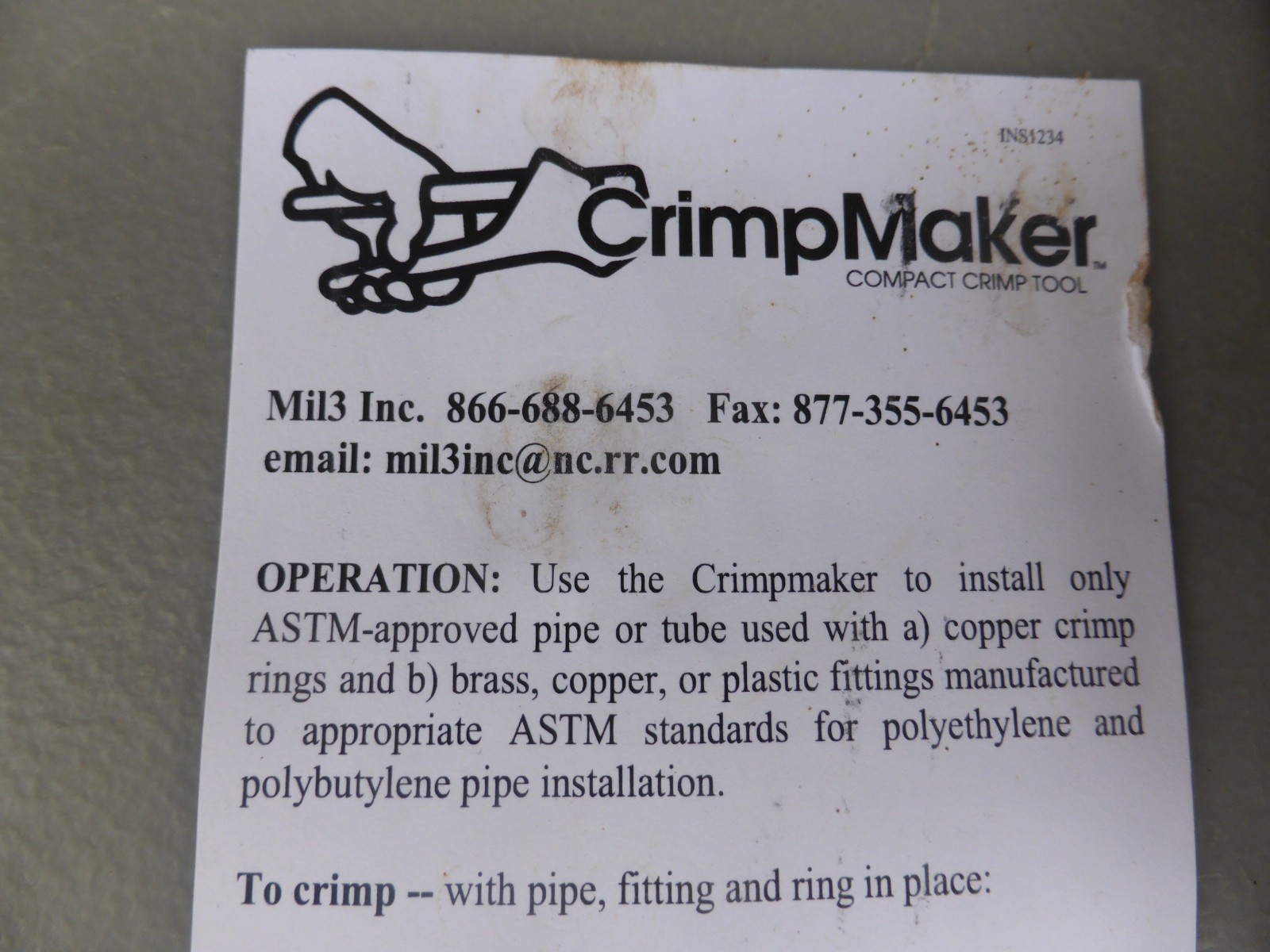 MIL-3 inc 3/4" PEX Compact Crimp Tool CrimpMaker Made in USA