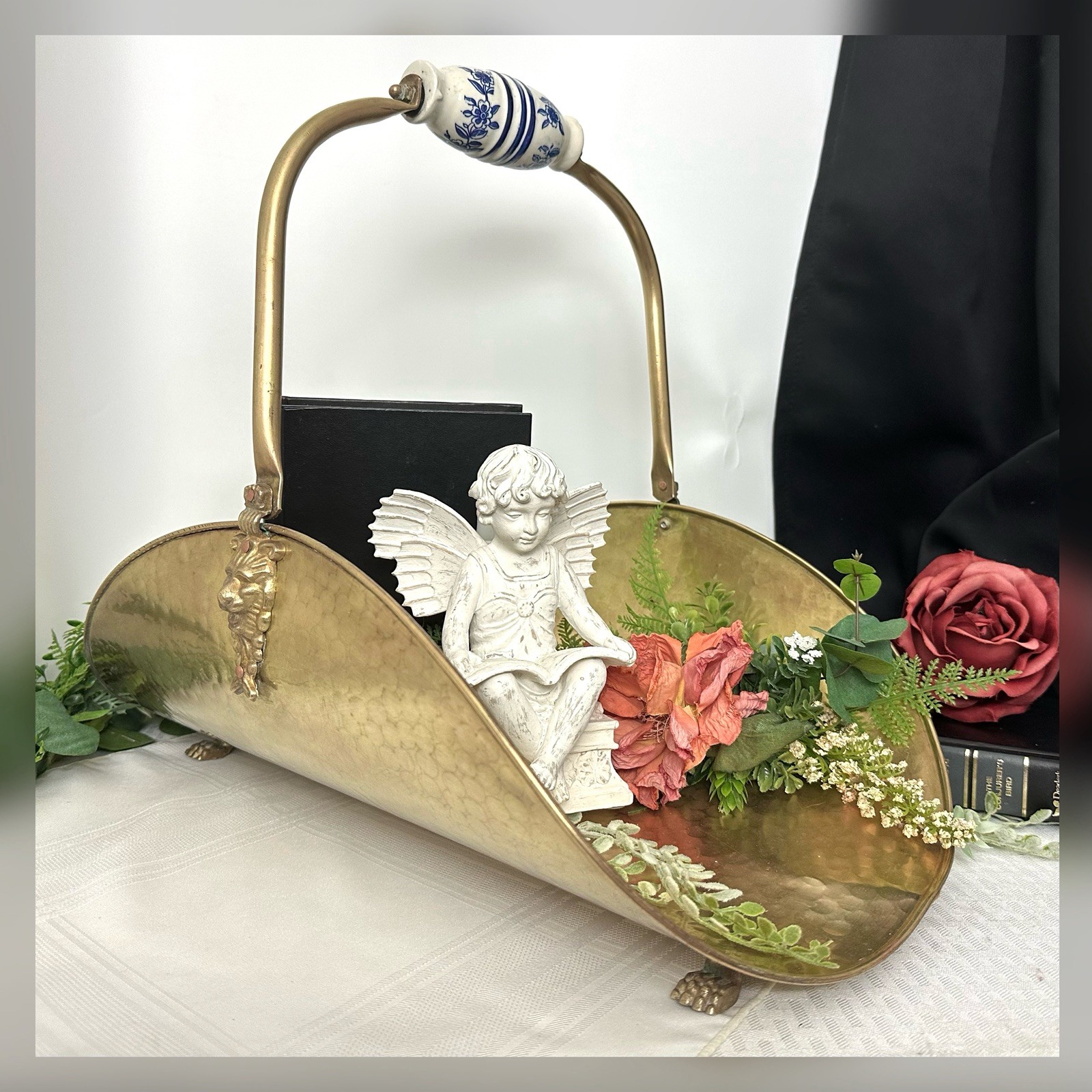 Vintage Brass Fireplace Log Holder Lion Paw Feet Delft Blue Handle Large