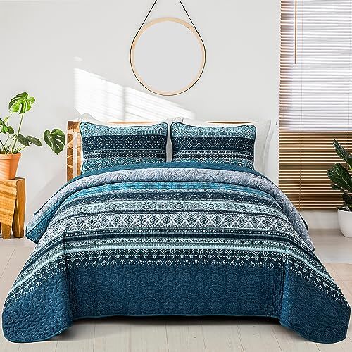 Boho Quilt Set Bohemian Quilt Bedding Set, Lightweight Microfiber Queen Blue