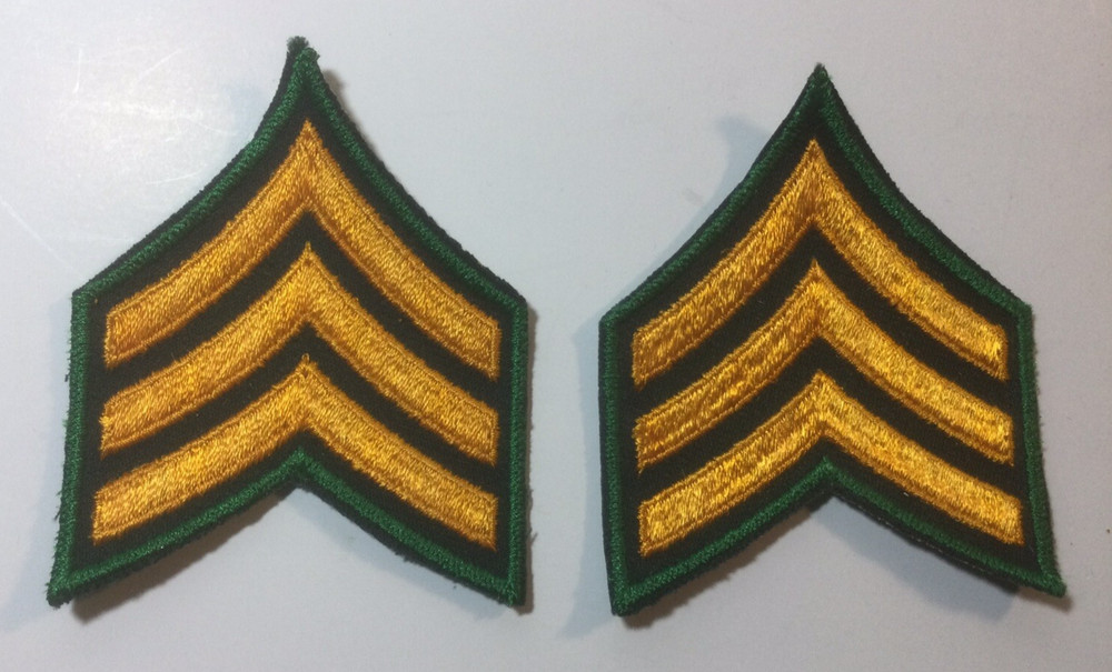 (2) Sergeant Chevron - 3 GOLD Stripes On BLACK Patch (Forest Green Border) OLD